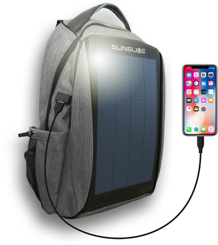Khaki backpack with integrated solar panel